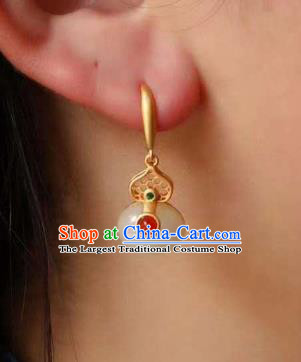 China Traditional Qing Dynasty White Jade Gourd Ear Jewelry Accessories National Cheongsam Golden Earrings