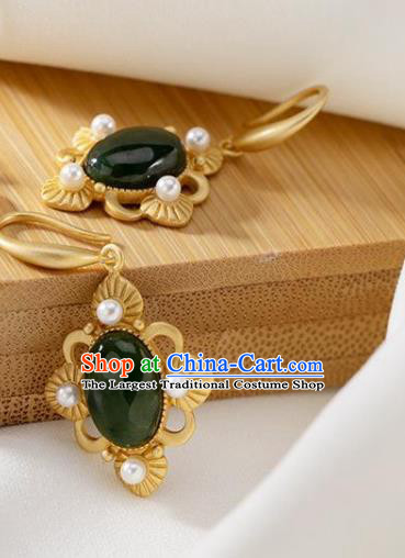 China Traditional Jade Ear Jewelry Accessories National Cheongsam Pearls Golden Earrings