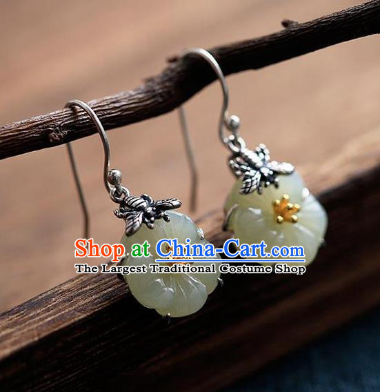 China Traditional Silver Bee Ear Jewelry Accessories National Cheongsam Jade Plum Earrings