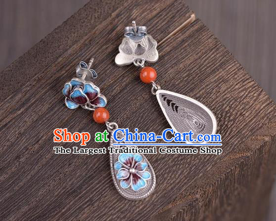 China National Cheongsam Silver Earrings Traditional Cloisonne Peony Ear Jewelry Accessories
