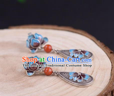 China National Cheongsam Silver Earrings Traditional Cloisonne Peony Ear Jewelry Accessories