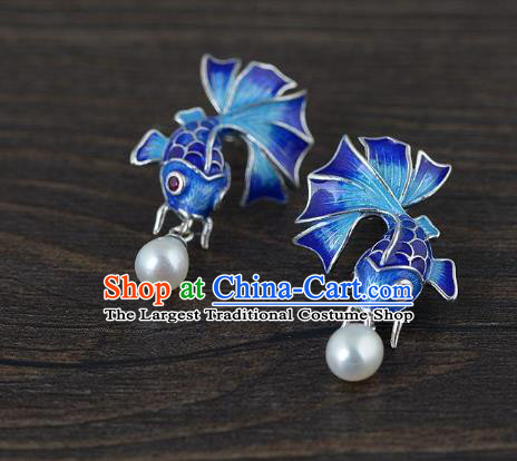 China Traditional Blueing Fish Ear Jewelry Accessories National Cheongsam Pearl Earrings