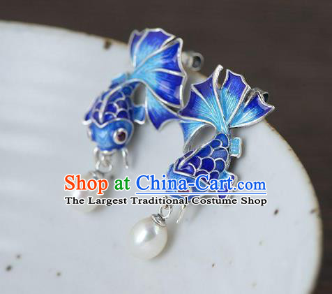 China Traditional Blueing Fish Ear Jewelry Accessories National Cheongsam Pearl Earrings