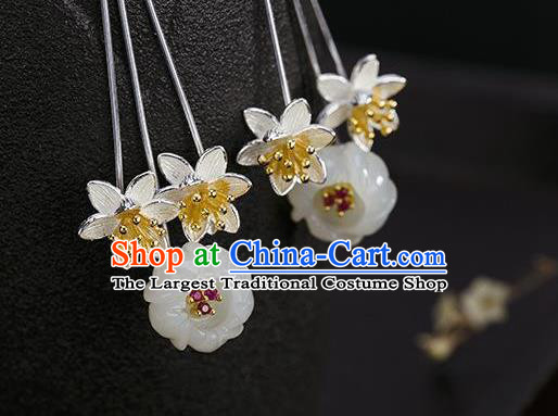 China Traditional Silver Lotus Ear Jewelry Accessories National Cheongsam Jade Plum Earrings