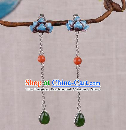 China Traditional Cloisonne Lotus Ear Jewelry Accessories National Cheongsam Jade Tassel Earrings