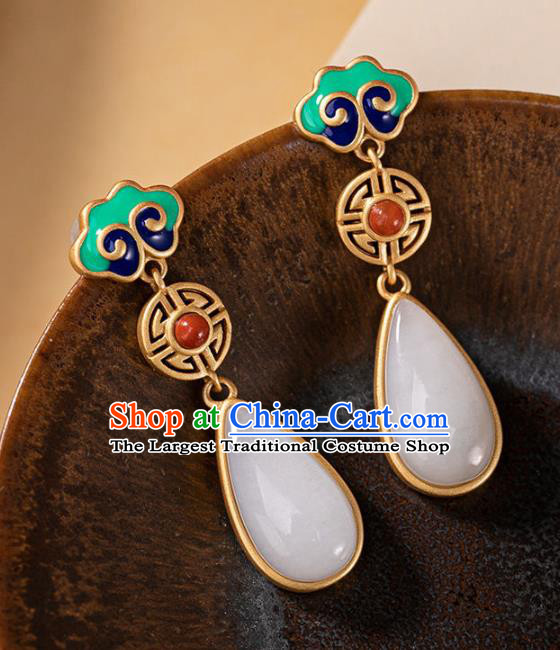 China Traditional White Jade Ear Jewelry Accessories National Cheongsam Enamel Cloud Earrings