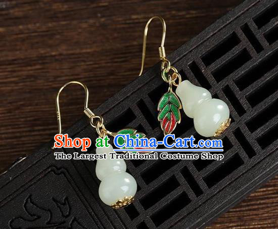 China Traditional Cloisonne Leaf Ear Jewelry Accessories National Cheongsam Jade Gourd Earrings