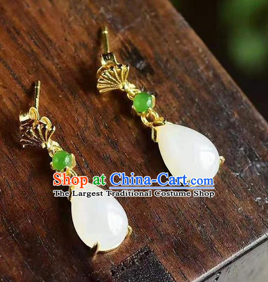 China Traditional Golden Fan Ear Jewelry Accessories National Cheongsam Jade Earrings