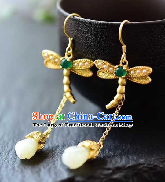 China Traditional Golden Dragonfly Ear Jewelry Accessories National Cheongsam Jade Mangnolia Earrings