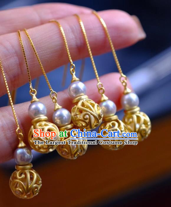 China Traditional Golden Gourd Ear Jewelry Accessories Classical Cheongsam Pearl Long Earrings
