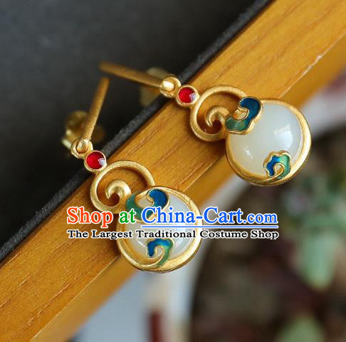 China Traditional Golden Ear Jewelry Accessories Classical Cheongsam Blueing Jade Earrings