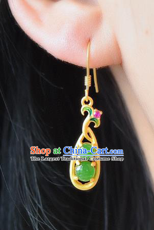 China Traditional Golden Pea Pod Ear Jewelry Accessories Classical Cheongsam Green Jade Earrings