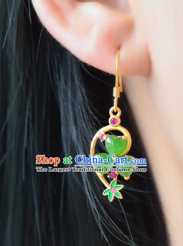 China Traditional Green Jade Ear Jewelry Accessories Classical Cheongsam Golden Earrings