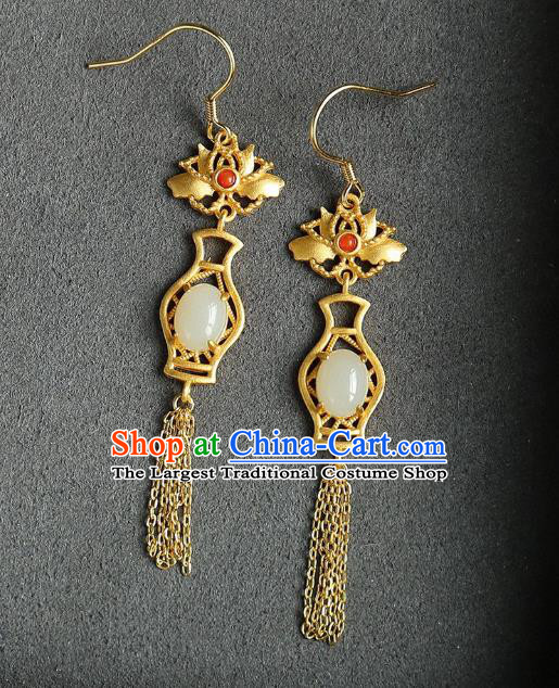 China Traditional Golden Lotus Tassel Ear Jewelry Accessories Classical Cheongsam Jade Vase Earrings
