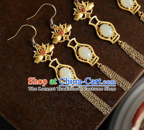 China Traditional Golden Lotus Tassel Ear Jewelry Accessories Classical Cheongsam Jade Vase Earrings
