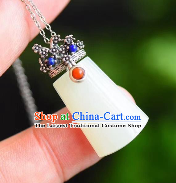 China Traditional Cheongsam Jade Necklace Jewelry Handmade Silver Plum Necklet Pendant Accessories