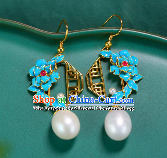 China Traditional Pearl Ear Jewelry Accessories Classical Cheongsam Blueing Peony Earrings