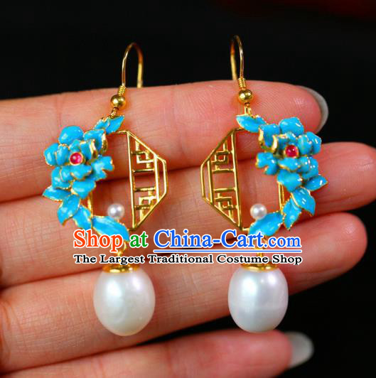 China Traditional Pearl Ear Jewelry Accessories Classical Cheongsam Blueing Peony Earrings