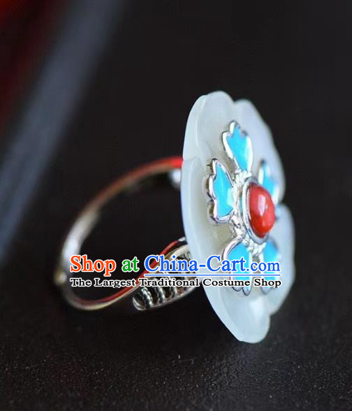 Chinese National Wedding Jade Plum Ring Handmade Jewelry Accessories Classical Blueing Silver Circlet
