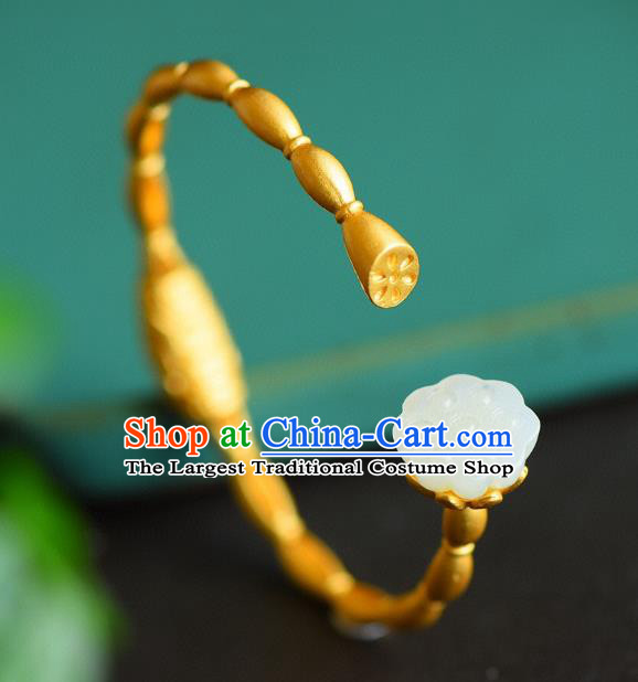 China Handmade Jade Lotus Seedpod Bracelet Accessories Traditional National Golden Bangle Jewelry