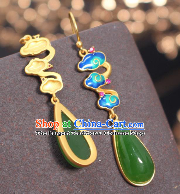 China Traditional Green Jade Ear Jewelry Accessories Classical Cheongsam Enamel Cloud Earrings