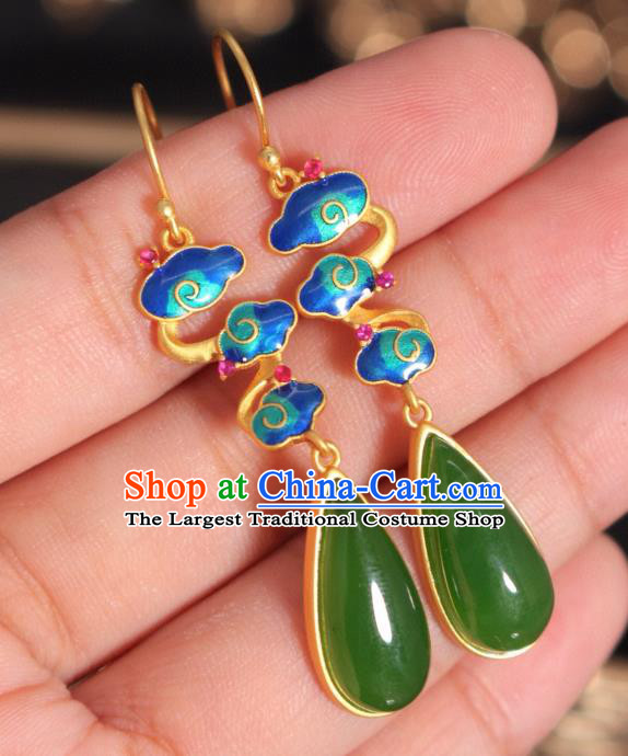China Traditional Green Jade Ear Jewelry Accessories Classical Cheongsam Enamel Cloud Earrings