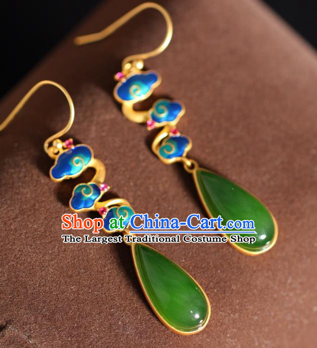 China Traditional Green Jade Ear Jewelry Accessories Classical Cheongsam Enamel Cloud Earrings