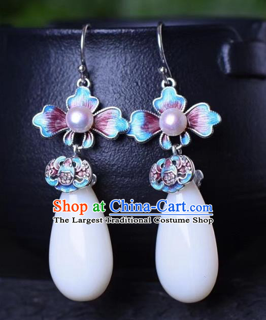 China Traditional Pearl Jade Ear Jewelry Accessories Classical Cheongsam Blueing Bat Earrings