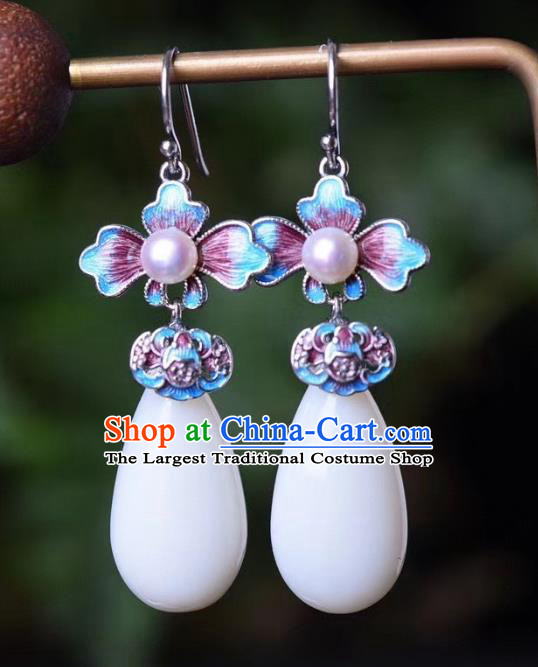 China Traditional Pearl Jade Ear Jewelry Accessories Classical Cheongsam Blueing Bat Earrings
