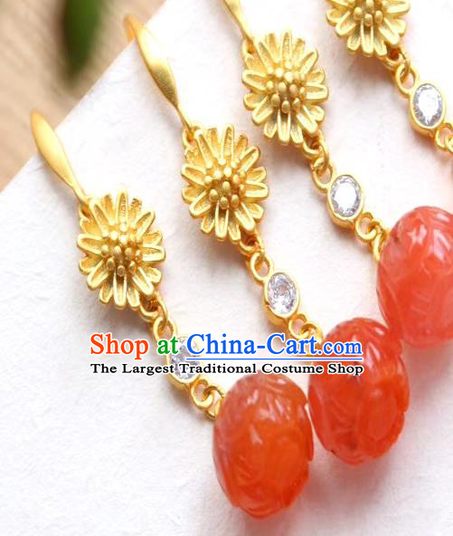 China Traditional Golden Chrysanthemum Ear Jewelry Accessories Classical Cheongsam Agate Bead Earrings