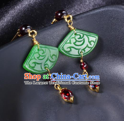 China Traditional Garnet Ear Jewelry Accessories Classical Cheongsam Jade Fan Earrings