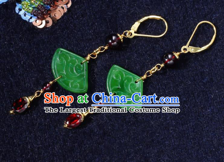 China Traditional Garnet Ear Jewelry Accessories Classical Cheongsam Jade Fan Earrings