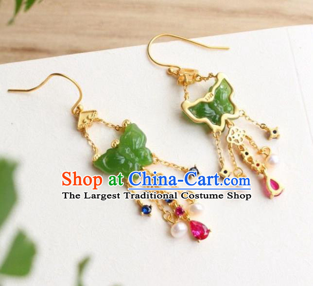 China Traditional Jade Butterfly Ear Jewelry Accessories Classical Cheongsam Crystal Tassel Earrings