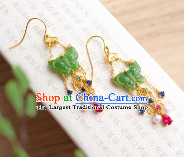 China Traditional Jade Butterfly Ear Jewelry Accessories Classical Cheongsam Crystal Tassel Earrings
