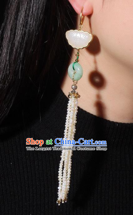 China Traditional Pearls Long Tassel Ear Jewelry Accessories Classical Cheongsam Jade Butterfly Earrings