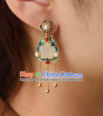 China Traditional Jade Plum Ear Jewelry Accessories Classical Cheongsam Blueing Golden Tassel Earrings