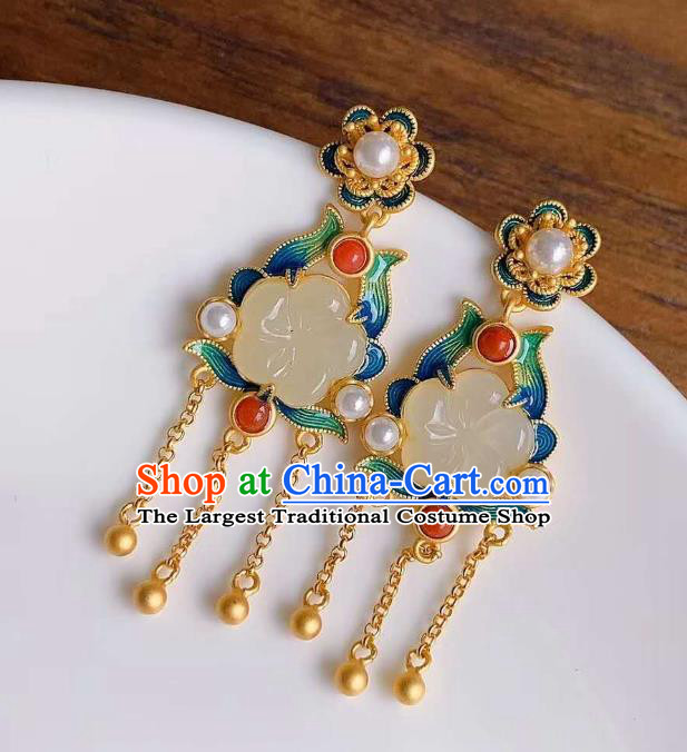 China Traditional Jade Plum Ear Jewelry Accessories Classical Cheongsam Blueing Golden Tassel Earrings