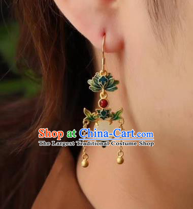 China Traditional Golden Tassel Jade Ear Jewelry Accessories Classical Cheongsam Blueing Lotus Earrings