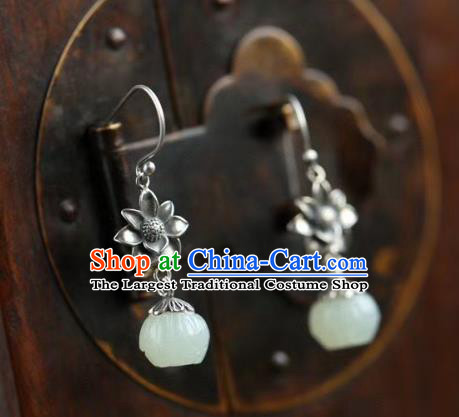 China Traditional Hetian Jade Ear Jewelry Accessories Classical Cheongsam Silver Lotus Earrings