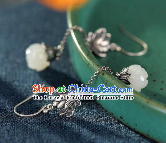 China Traditional Silver Ear Jewelry Accessories Classical Cheongsam Jade Lotus Earrings
