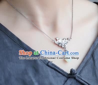 China Traditional Cheongsam Silver Lotus Necklace Jewelry Handmade Necklet Pendant Jade Mangnolia Accessories