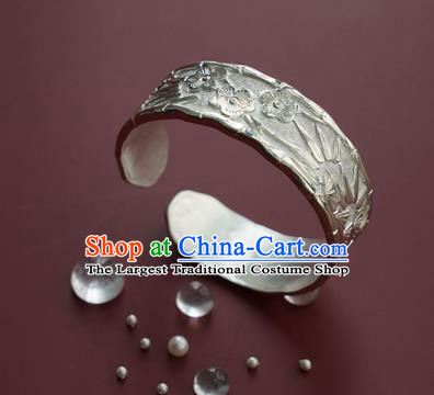 China Handmade Silver Bracelet Accessories Traditional National Carving Pine Bamboo Plum Bangle Jewelry