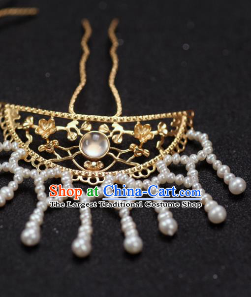 China Handmade Pearls Tassel Hairpin Traditional Ming Dynasty Hair Accessories Ancient Princess Golden Hair Stick