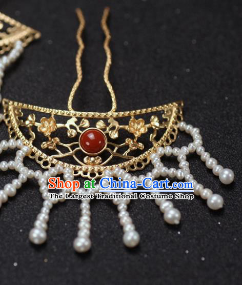 China Traditional Ming Dynasty Hair Accessories Ancient Princess Golden Hair Stick Handmade Pearls Tassel Hairpin