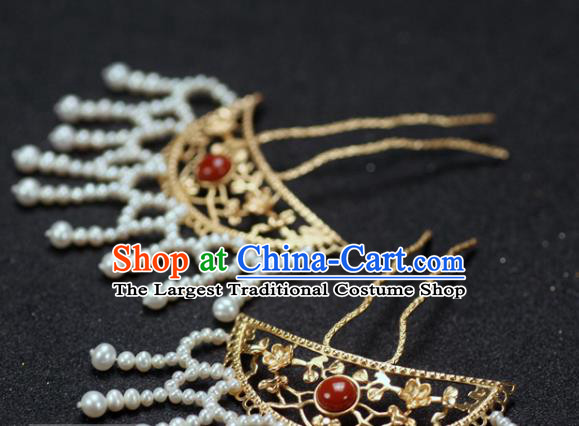 China Traditional Ming Dynasty Hair Accessories Ancient Princess Golden Hair Stick Handmade Pearls Tassel Hairpin