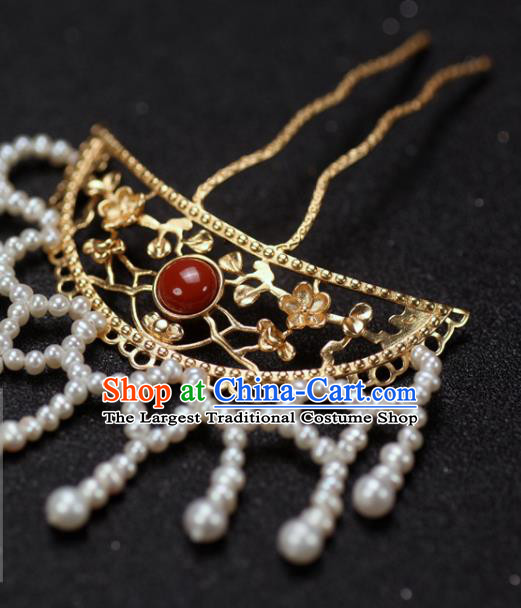 China Traditional Ming Dynasty Hair Accessories Ancient Princess Golden Hair Stick Handmade Pearls Tassel Hairpin