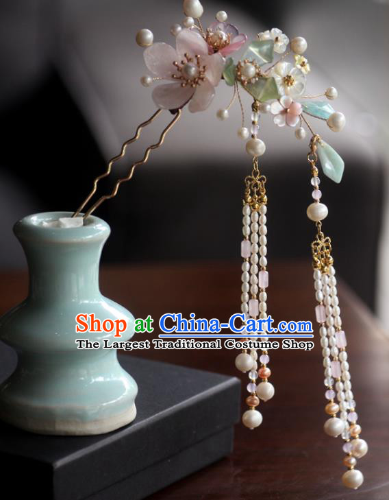 China Ancient Princess Shell Flowers Hair Stick Handmade Pearls Tassel Hairpin Traditional Ming Dynasty Hair Accessories