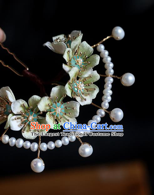 China Ancient Princess Green Flowers Hair Crown Handmade Pearls Hairpin Traditional Song Dynasty Hair Accessories