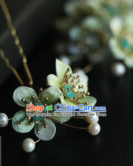 China Ancient Princess Green Silk Plum Hair Stick Traditional Ming Dynasty Hair Accessories Handmade Pearls Hairpin