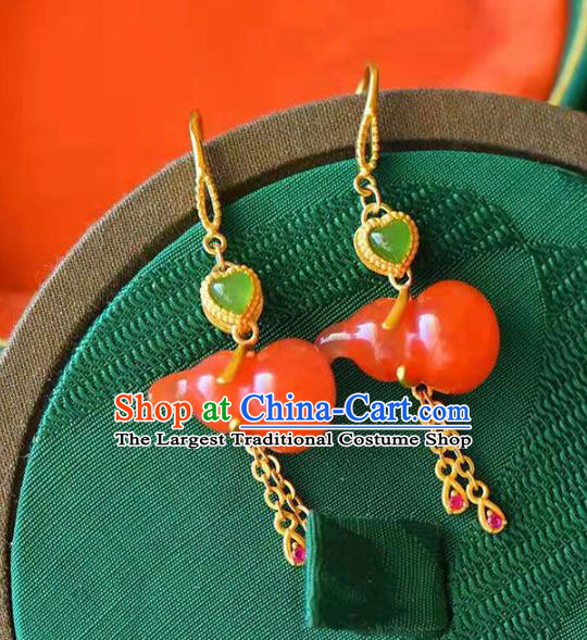 Handmade China Agate Gourd Earrings Traditional Golden Tassel Ear Jewelry Accessories